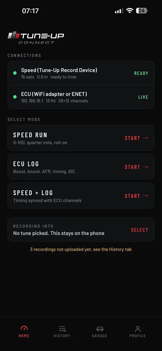 Home screen with a Tune-Up Record device and an ECU adapter both connected