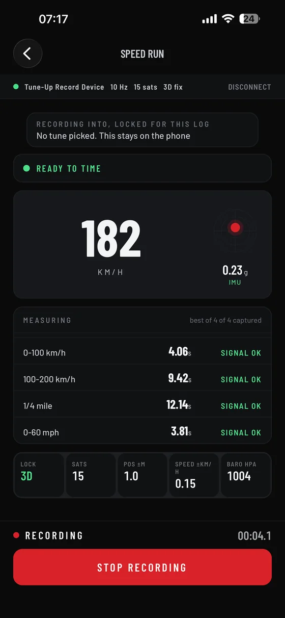 Speed run screen timing 0 to 100 km/h and the quarter mile